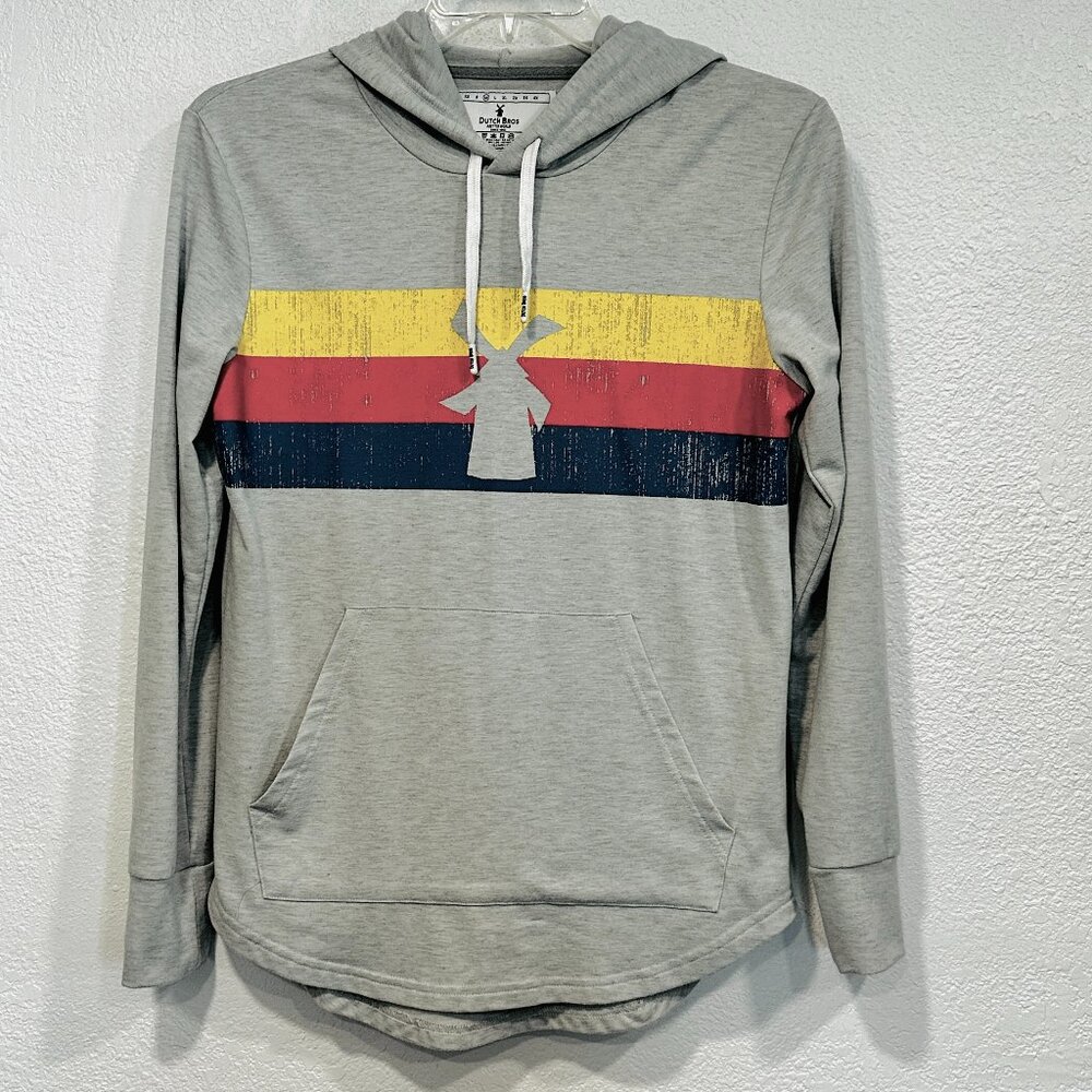 Dutch Bros Pullover Drawstring Hoodie Stretch Top Gray Long Sleeve Mens Size Med